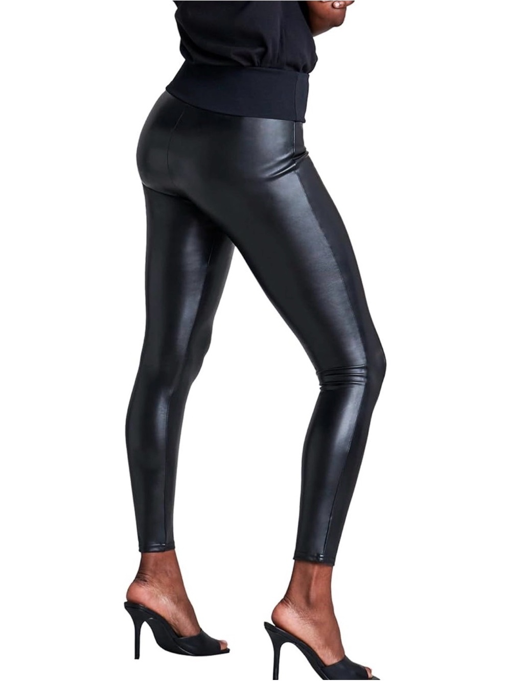 Assets by Spanx Black Faux Leather Tummy Control High Rise Leggings Size Medium